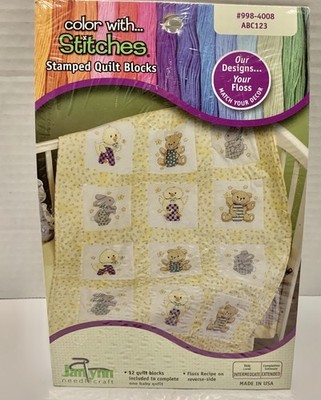 Vtg Janlynn 12 Stamped Quilt Blocks ABC 123 Baby Animals Sealed Cross Stitch NWT