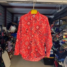 True Vtg 50s 60s Western Sportswear Paisley Pearl Red Bandana Snap Button S / M