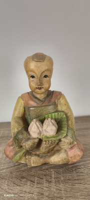 Hand Carved Wooden Statue Boy Asian Influenced Vintage Figure