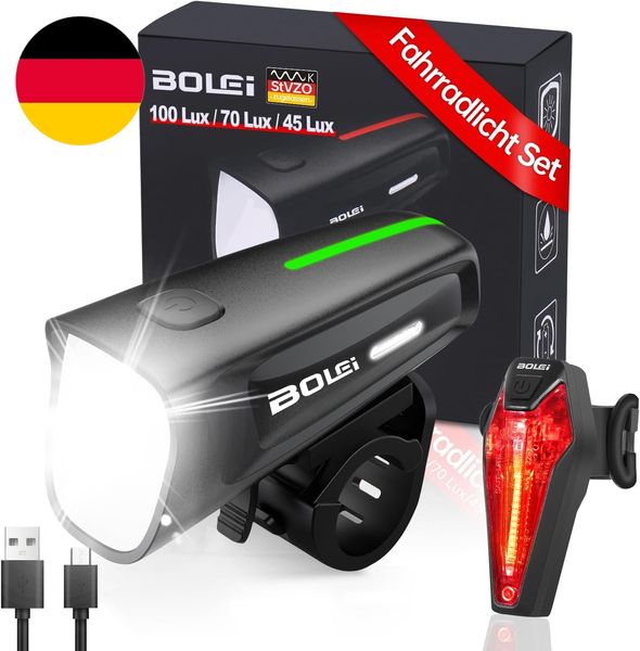 BOLEi Fahrradlicht Set 100 Lux,Stvzo Zugelassen, USB,IPX5 Wasserdicht-image