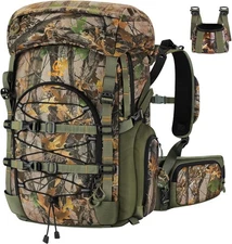 Kalkal 42L Camo Hunting Backpack, Waterproof Silent Bow Pack w/ Rifle Holder