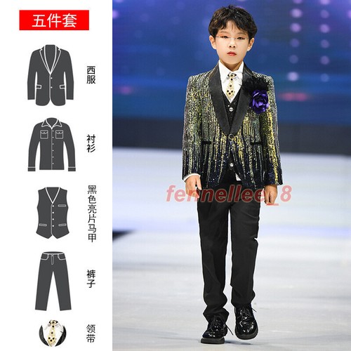 British Children Kid's Boy's Sequins Stage Suits Jacket Coat Pants Evening Party - Picture 21 of 31