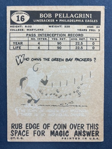 1959 Topps #16 Bob Pellegrini (Philadelphia Eagles) CENTERED! EX - Picture 2 of 2