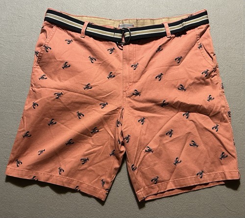 Izod Lobster Print Coral Men’s Flat Front Casual Dress Shorts Size 44X10 w/ Belt