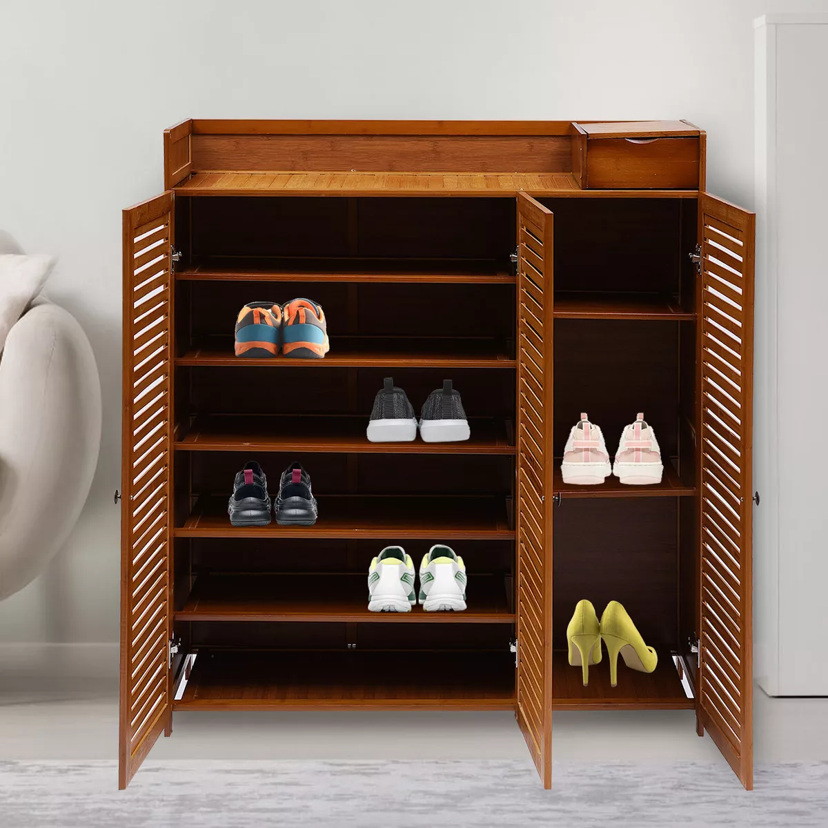 7-Tier Large Shoe Storage Cabinet 3-Door Bamboo Shoes Organizer