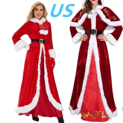 Women Santa Claus Christmas Dress Xmas Velvet Maxi Dress Hooded Cape Dress  | eBay
