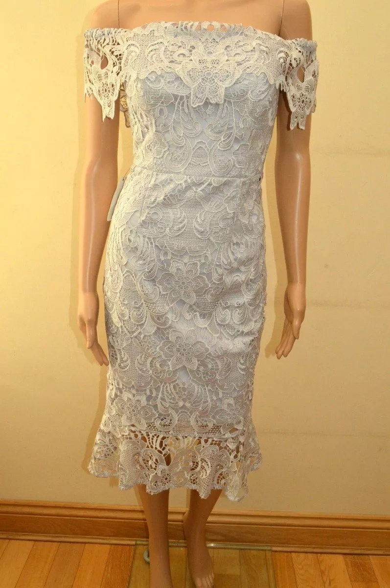 New Lipsy VIP Lace Bardot Flippy Hem Silver Dress Sz UK 8 10 & 12