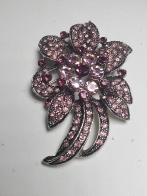 Express Crystal Rhinestone Brooch Purple Pink Floral Silver Tone Statement Pin