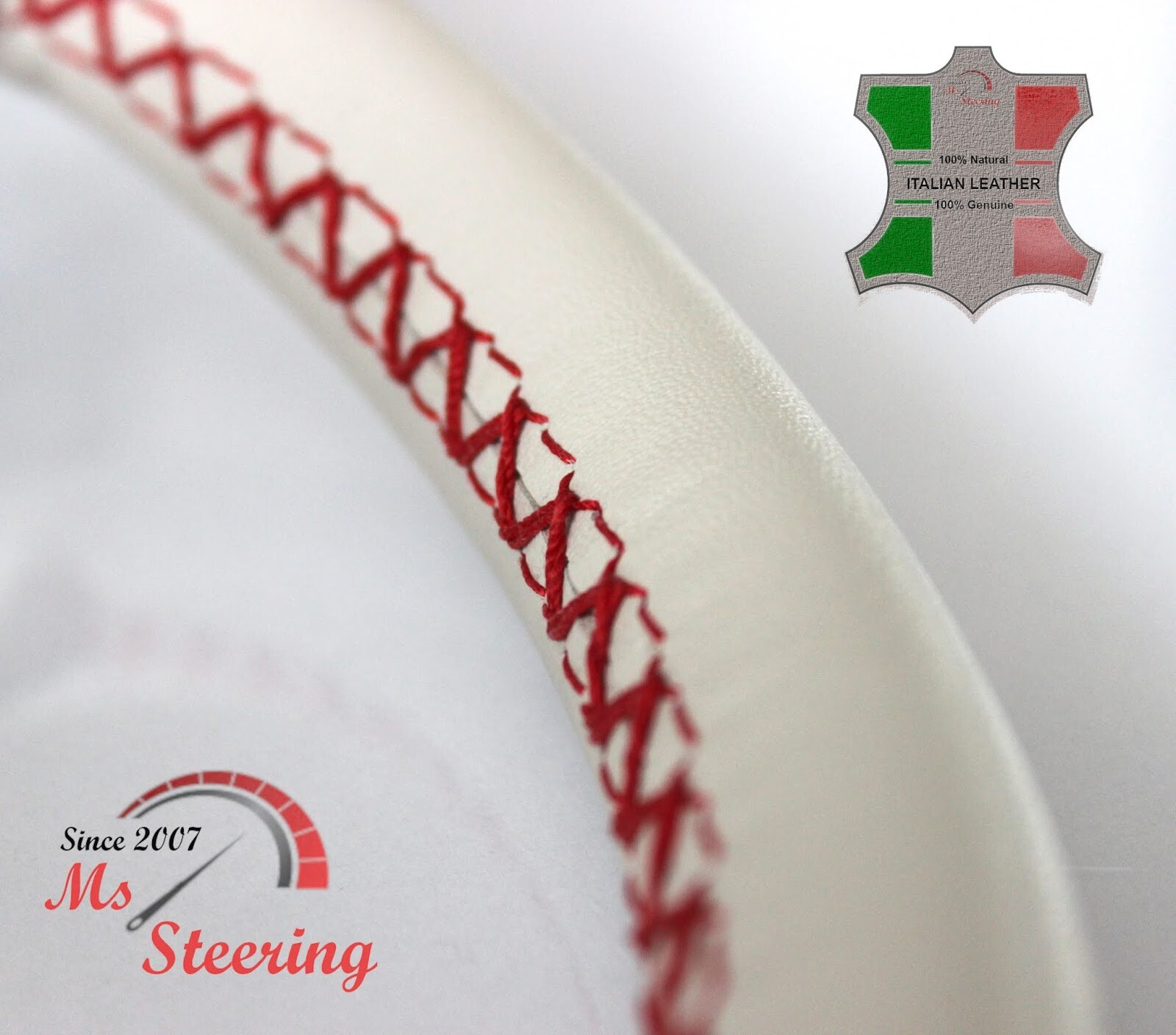 FUR INFINITI QX 13-13 CREAM LEATHER STEERING WHEEL COVER, RED 2 STIT