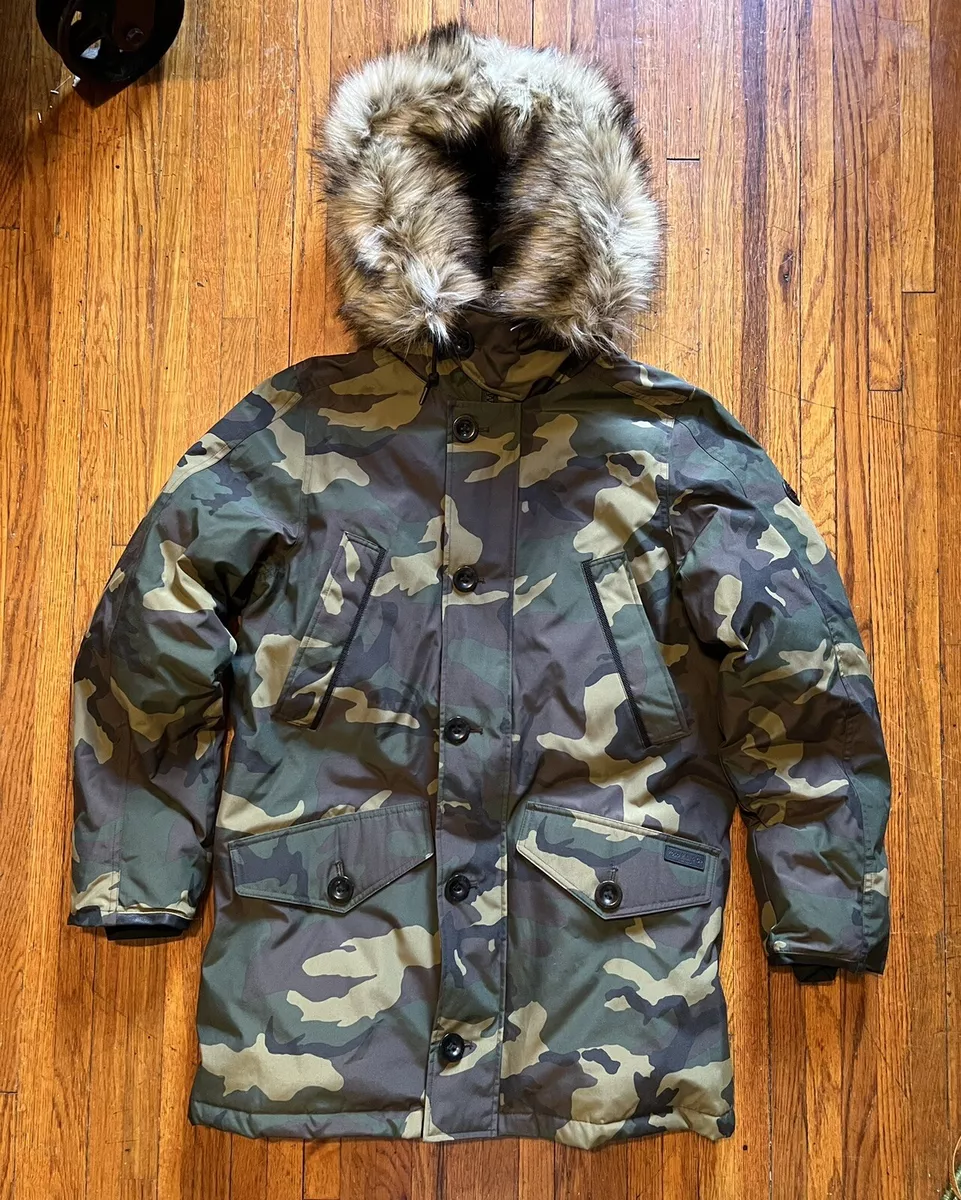 Mens camo parka with fur outlet hood