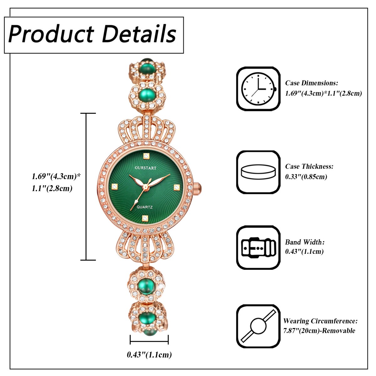 Luxury Women Green Rhinestone Crown Dress Bangle Watch  display picture 2