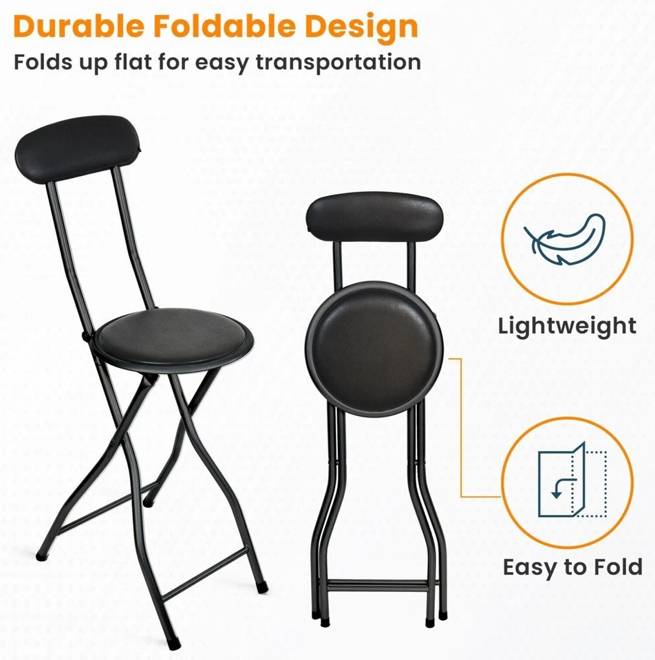 BLACK PADDED FOLDING HIGH BACK CHAIR BREAKFAST KITCHEN BAR STOOL FOLDABLE SEAT - Image 4 of 4