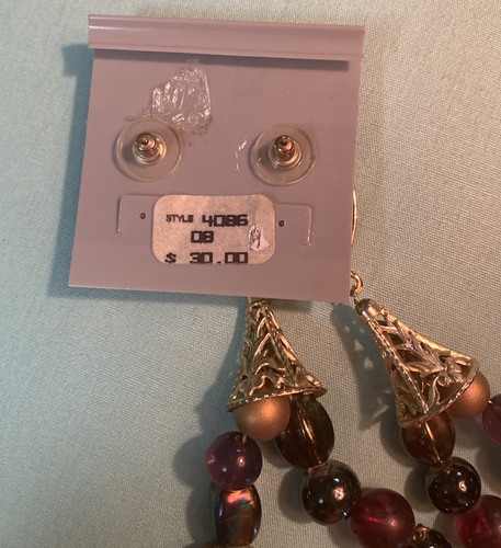 Gold Tone With Grape Garnet Color Beads 5 1/2” drop Post New On Card By Rhea - Picture 5 of 6