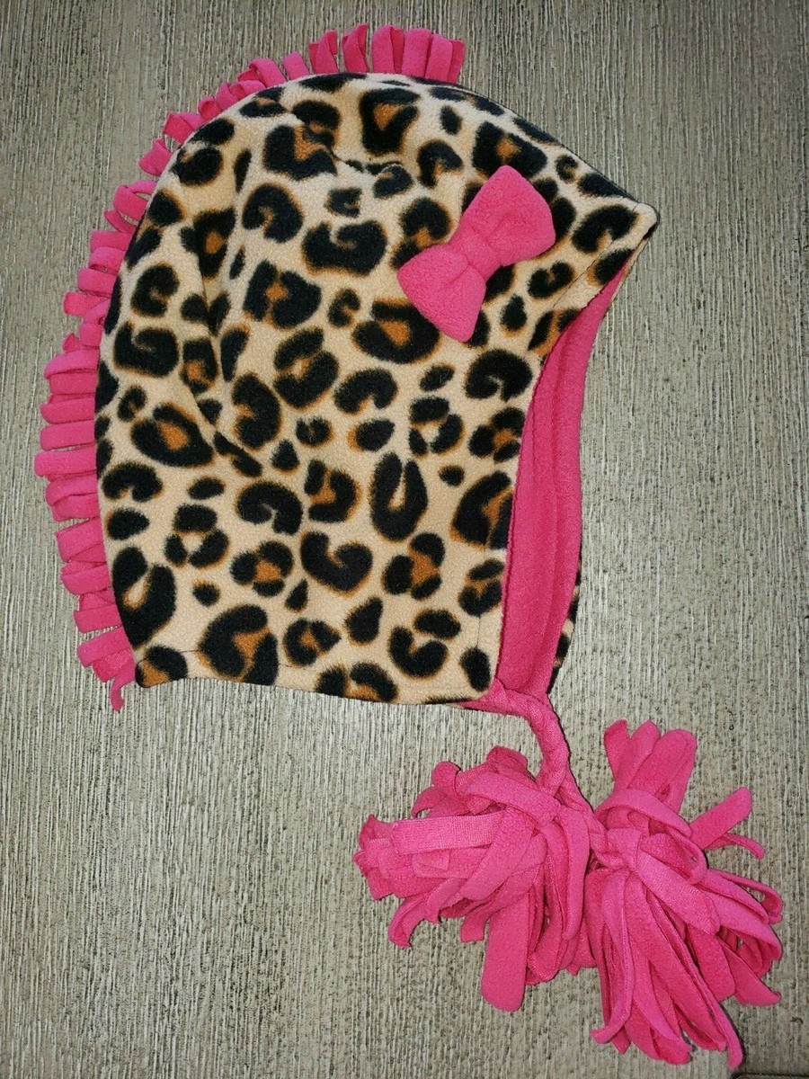 JUMPING BEANS girls medium fleece LEOPARD PRINT bold pink MOHAWK HAT bow  TASSELS