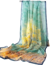 100% Silk large Scarf Women neckerchief Shawl Wrap floral yellow blue HD118-15