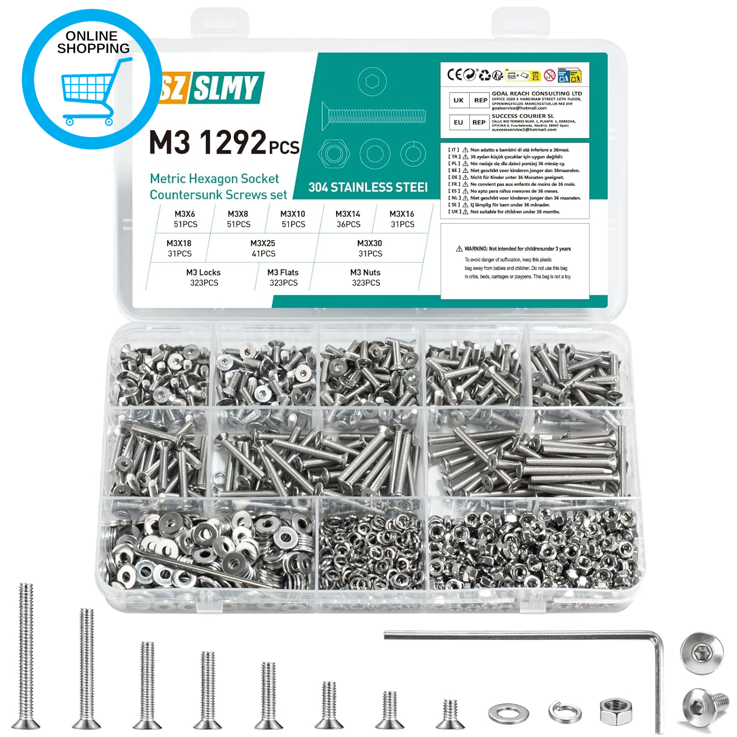 1292 Pcs M3 Countersunk Bolts and Nuts Sets, Flat Head Hex Socket Head Cap Screw