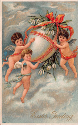1910 Easter Postcard of Cute Cherubs Flying with a Huge Egg & Snowdrops-No. 66