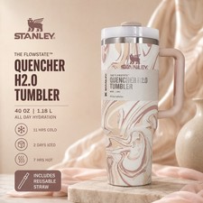 Stanley Quencher H2.0 FlowState Tumbler 40 oz Marble Cream Pink with Straw New