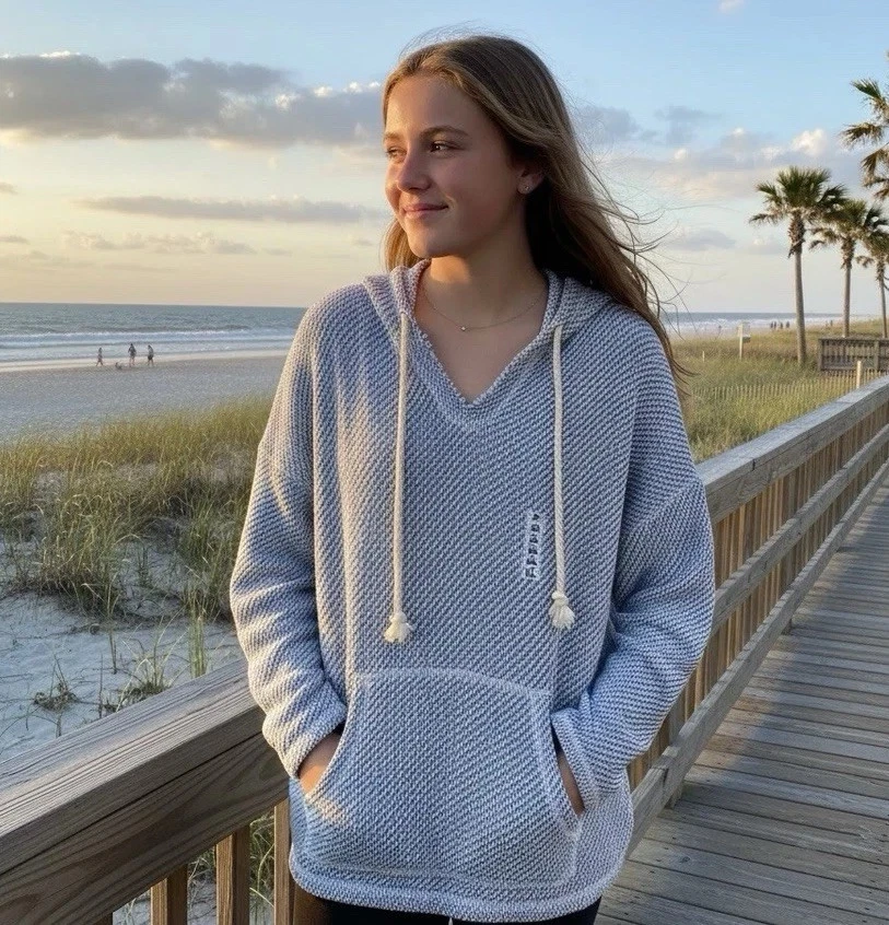 Ocean Drive Beach Hobo Lightweight Loose Knit Hoodie Size XL Light Blue/White