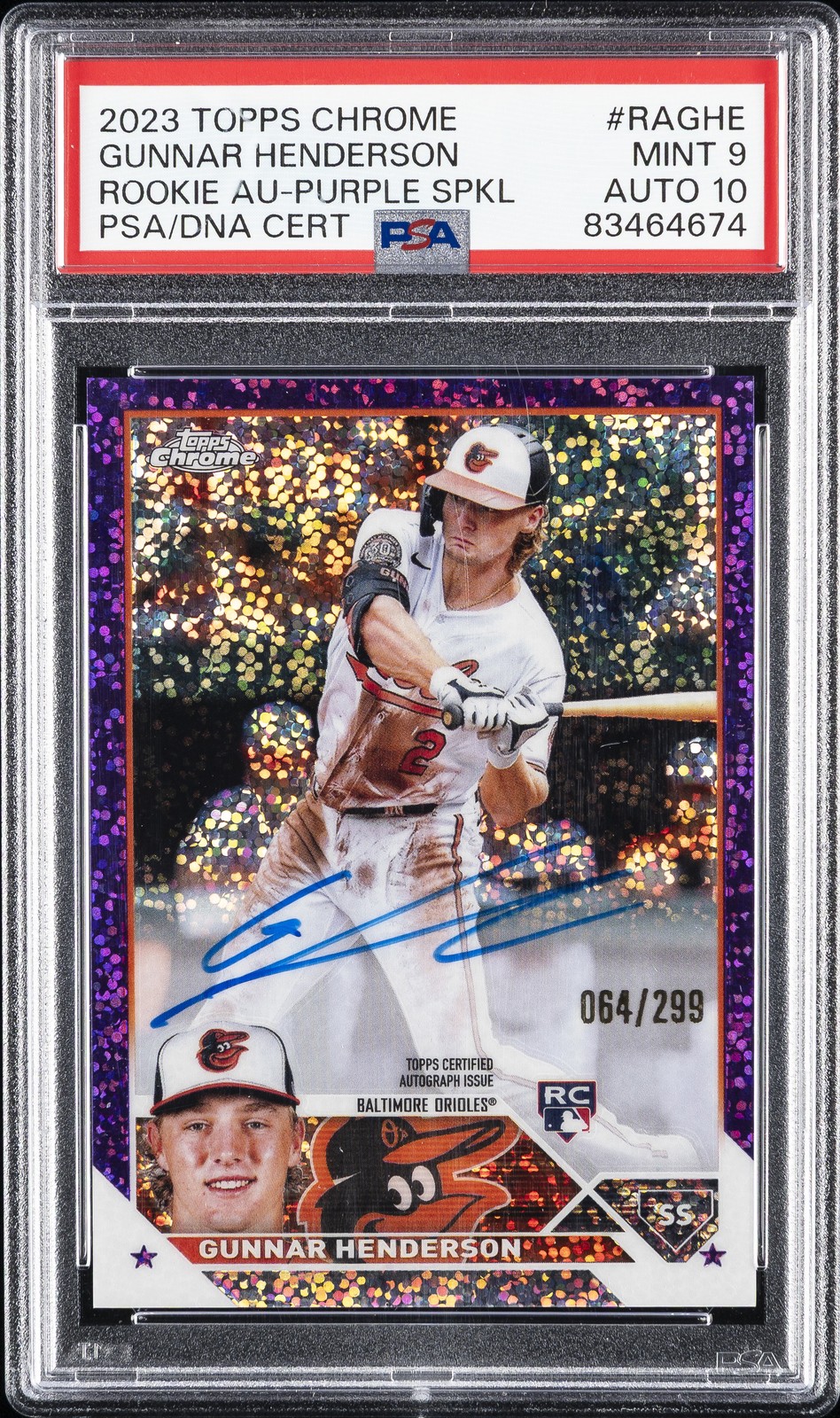 2023 TOPPS CHROME ROOKIE AUTO #RAGHE GUNNAR HENDERSON 64/299 PSA 9 AUTO 10