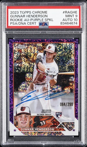 2023 TOPPS CHROME ROOKIE AUTO #RAGHE GUNNAR HENDERSON 64/299 PSA 9 AUTO 10