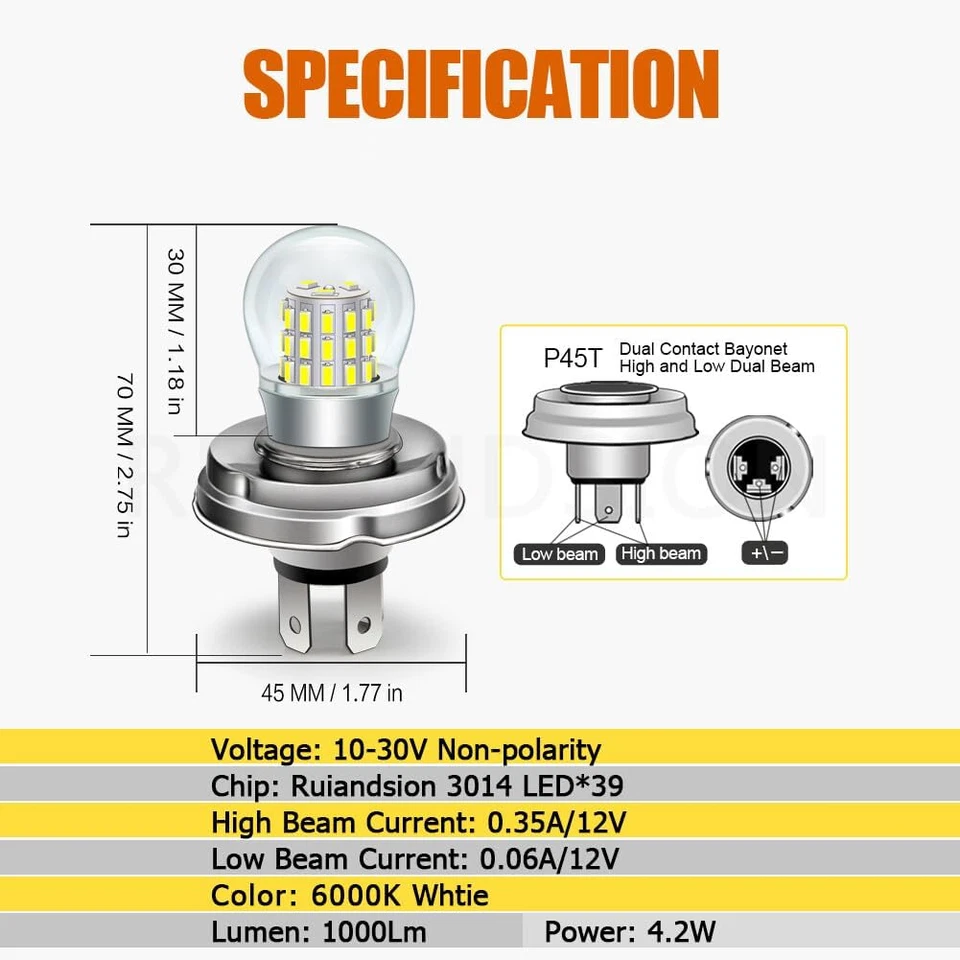 P45T H5 R2 Lampadina LED Moto Bianca 10-30V Non Polarità Super Luminosa 3014 39S - Immagine 2 di 4