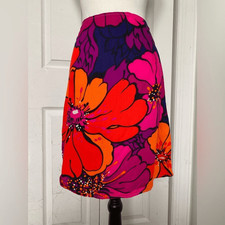 1970s Flower Power Mod Skirt in Vibrant Orange, Pink, and Purple