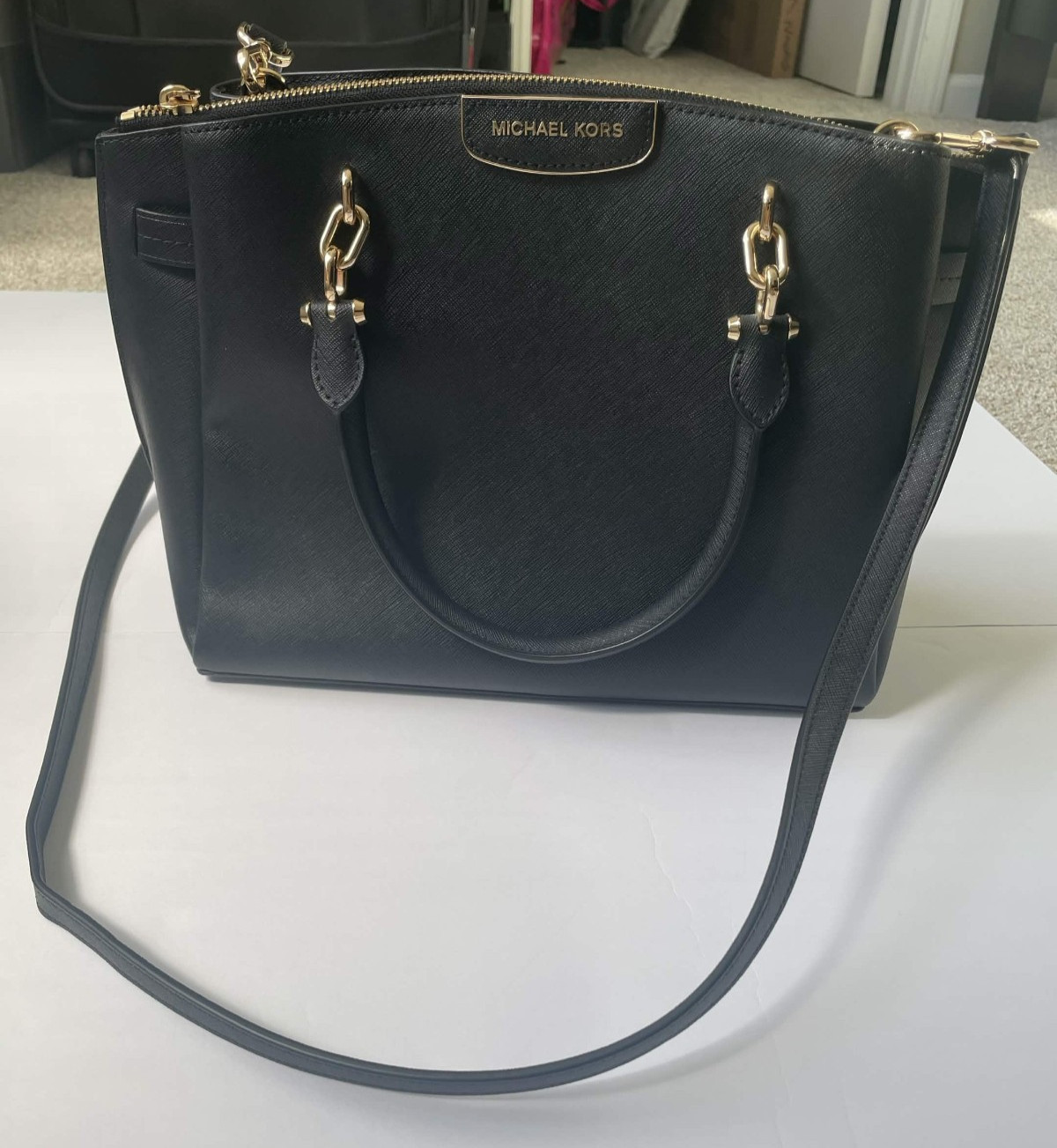 Michael Kors Black Leather Rochelle Purse Satchel Gold Hardware