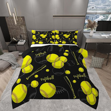White Softball Comforter Set,Yellow Softball Bat Bedding Set for Kids Girls Boys