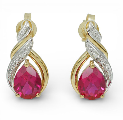 Solid 9ct Yellow Gold Pair of Pear Cut Pink Ruby Diamond 17mm Stud Earrings Set