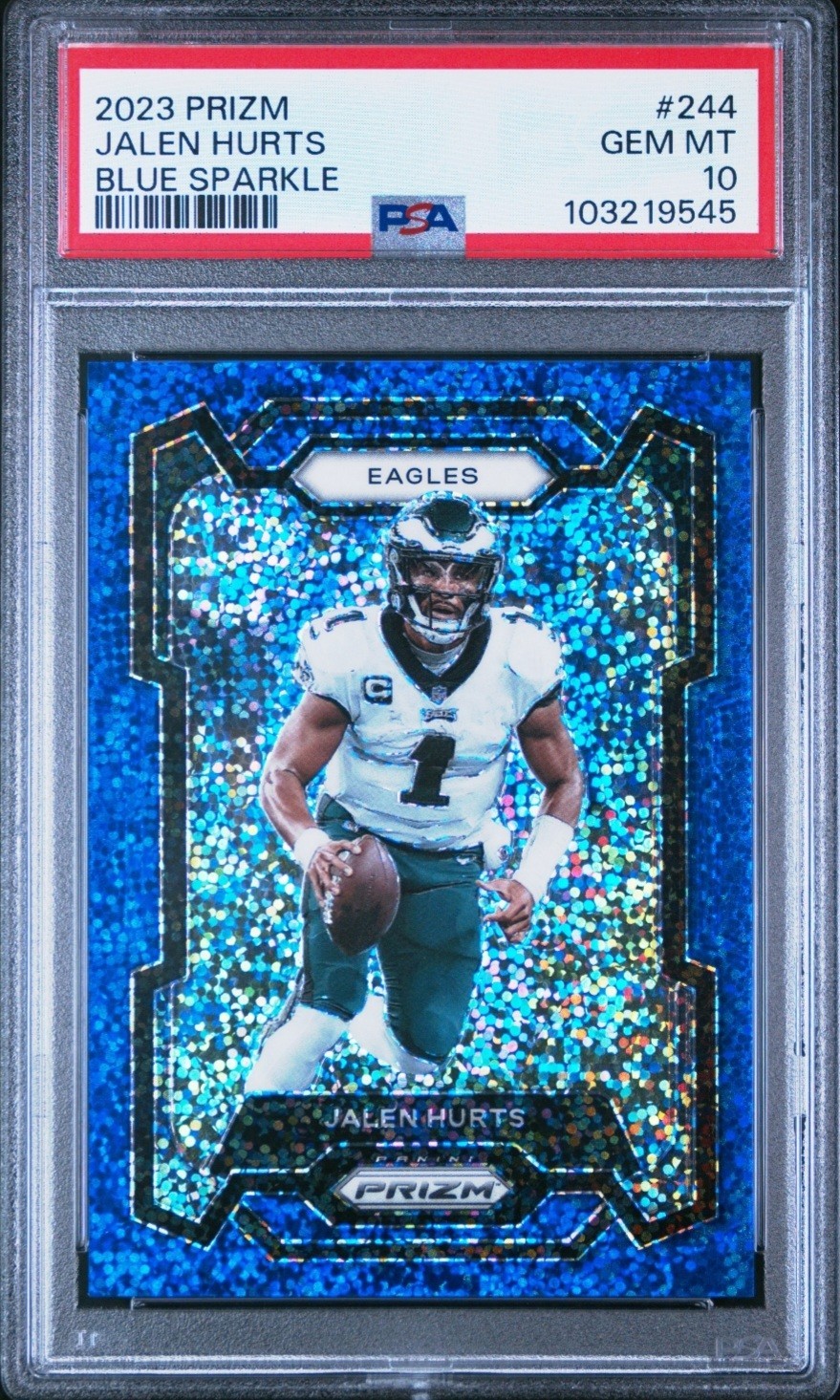 2023 Panini Jalen Hurts # 244 Blue Sparkle Prizm Short-Print #/96 PSA 10