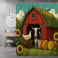 Farmhouse Shower Curtain with Cow and Chicken Design, Cute Rustic Decor