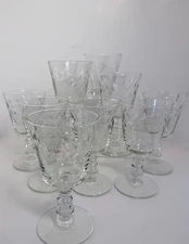 Vintage Rock Sharpe Gloria Etched Glass Goblets 3 Ring Stem Set of 8