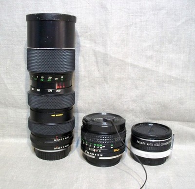 3 Minolta SRT201 Lenses Soligor 85M-205M, Rokkor-X 50MM, Soligor Auto Converter