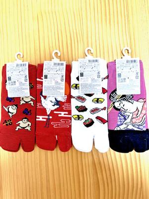 Japanese Tabi Socks Women 4 Pair Set Traditional Ukiyo-e Sushi Sumo Crane US 6-9