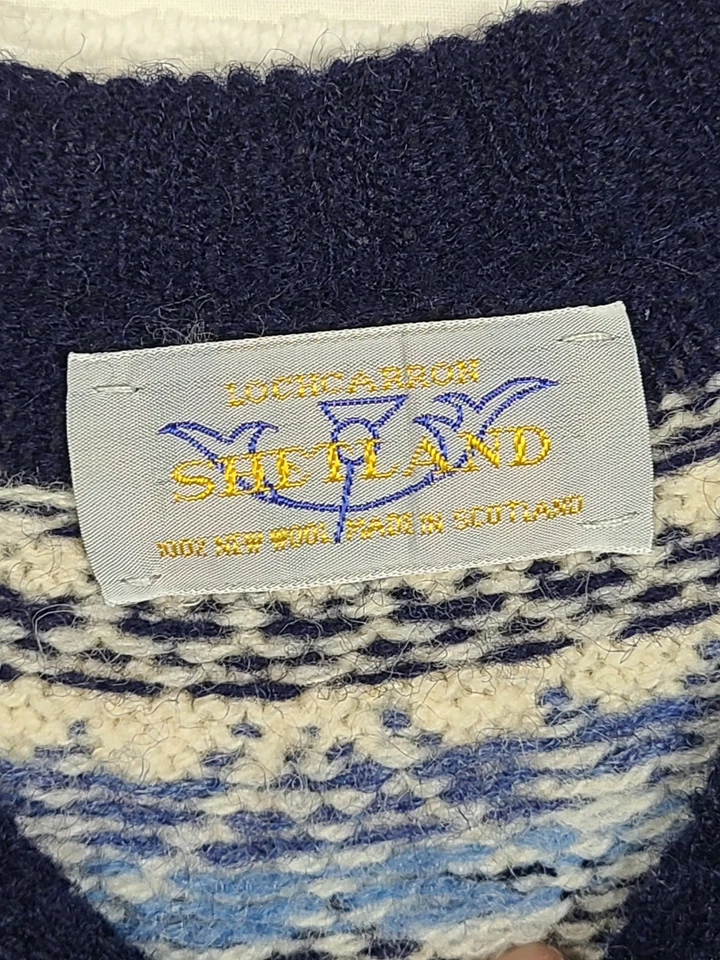 Cárdigan Suéter De Colección Lochcarron 100% Lana Blanco Azul Fair Isle Tejido a Mano Años 60 Foto 2 de 4