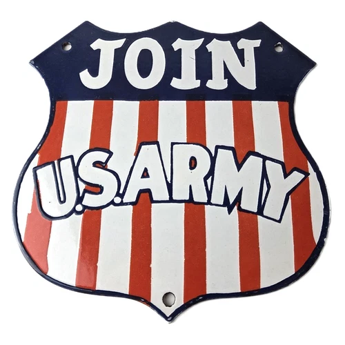 Vintage Join US Army Sign - Gas Pump American Shield Porcelain Sign