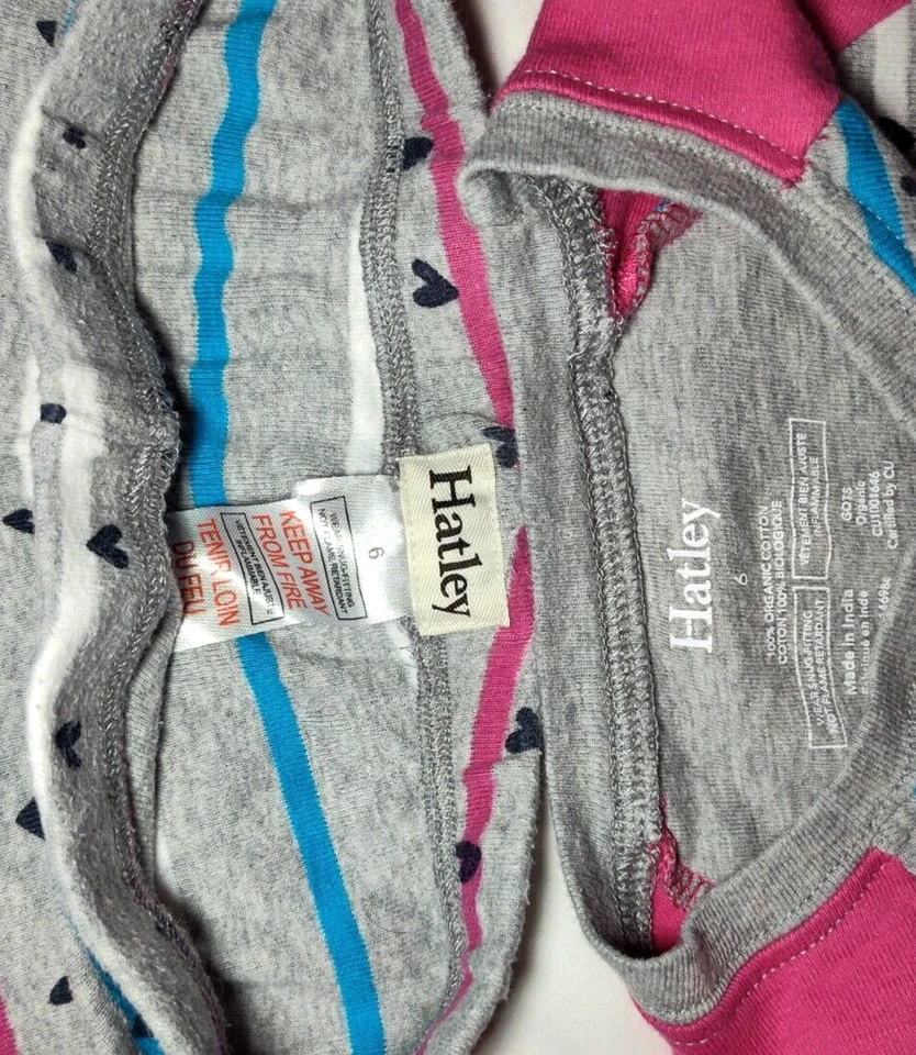Hatley Niñas Talla 6 Pantalones Manga Larga Pijama Conjunto de 2 piezas Corazones Gris Rayas Rosa Blanco Foto 2 de 2