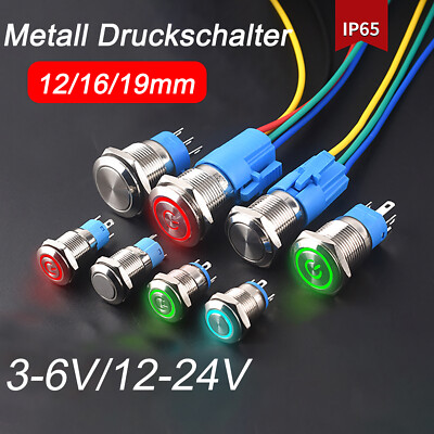 Ø 12/16/19mm Metall Druckschalter Drucktaster KFZ LED 3V 6V 12V 24V 5A IP65