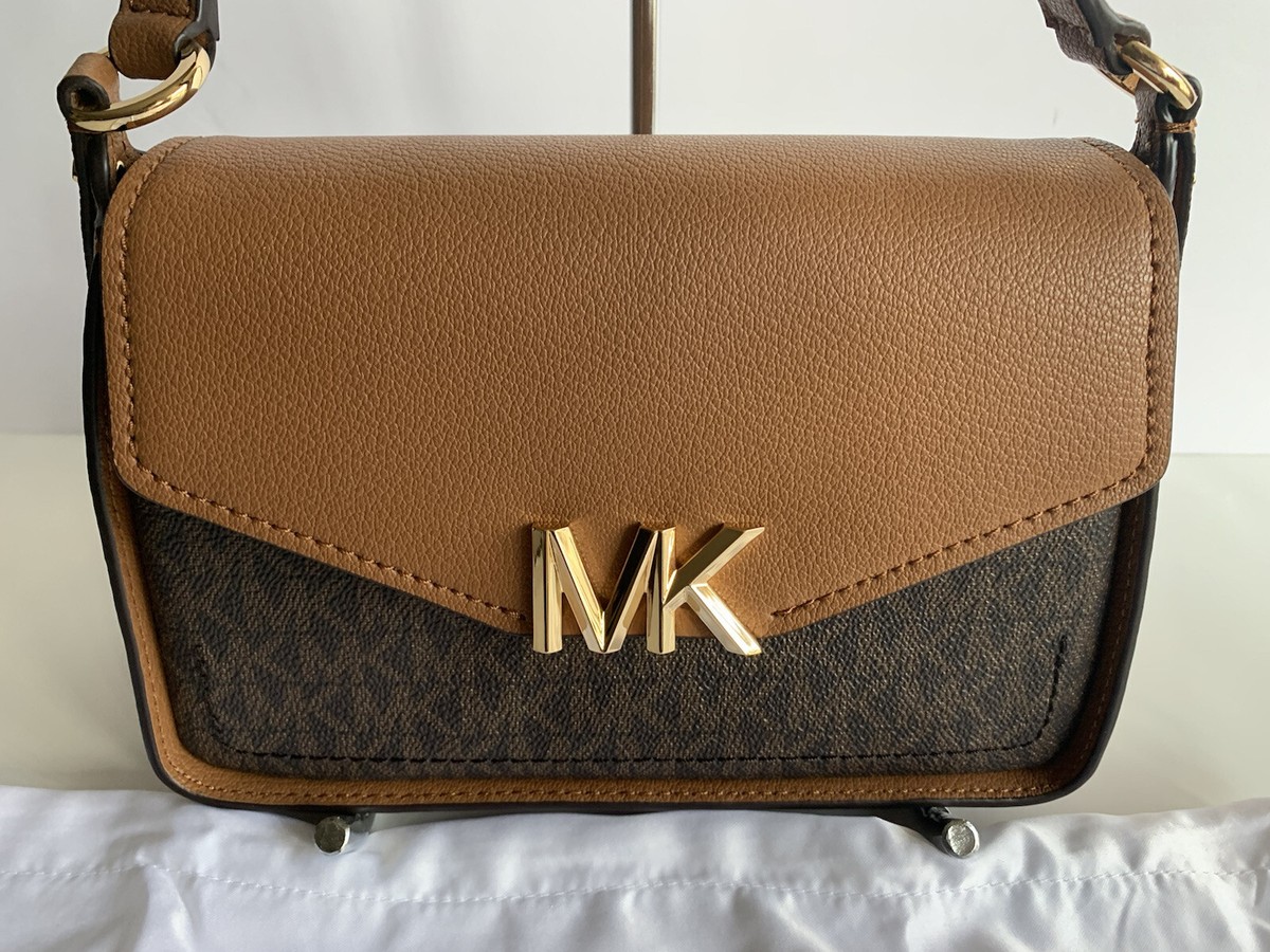 NWT MICHAEL KORS SYLVIA SMALL FLAP BROWN LOGO PVC/ACORN MESSENGER