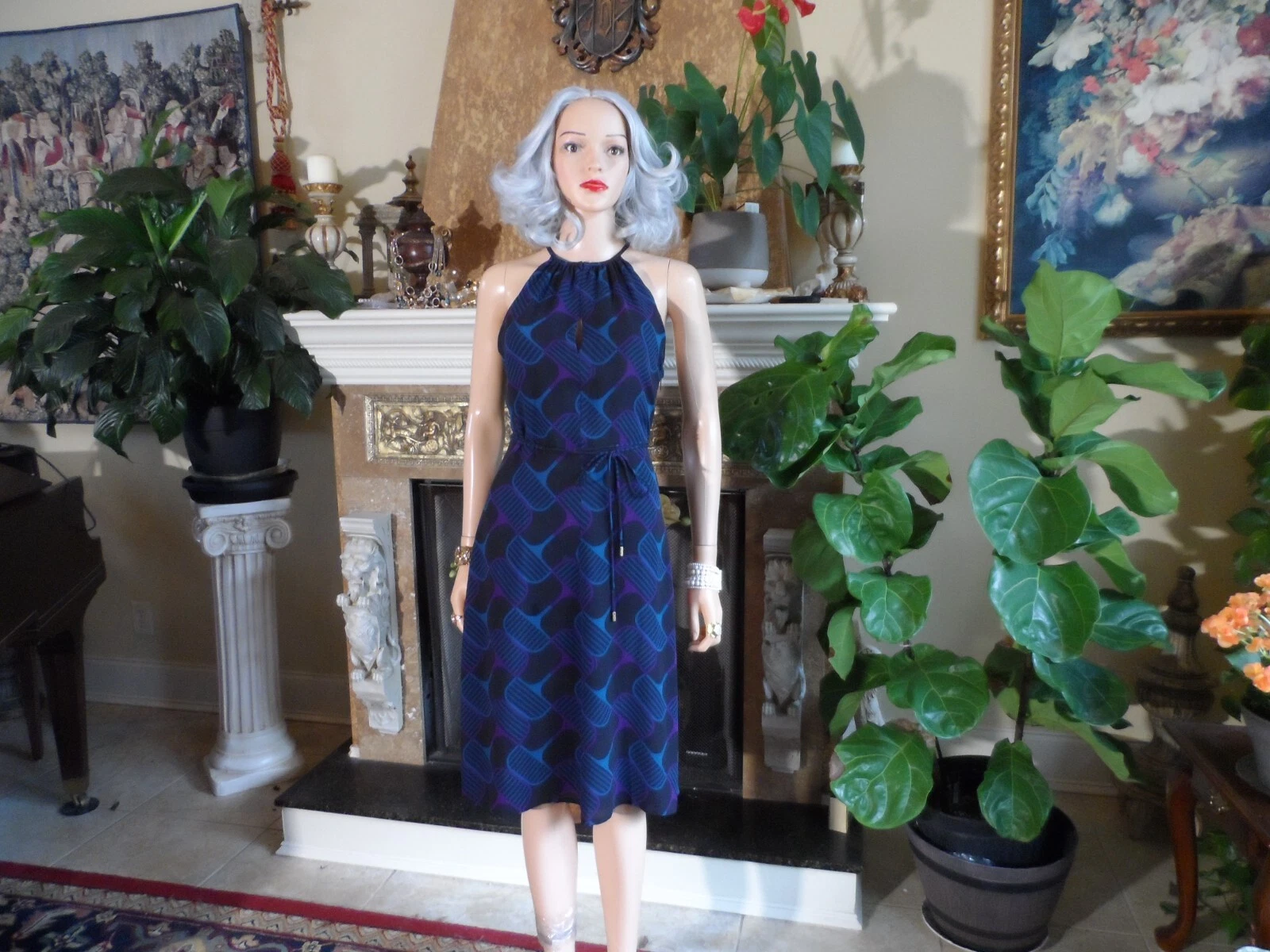 Robe Gucci bleu/violet 100% soie col multi bretelles avec cravate taille IT 42   US