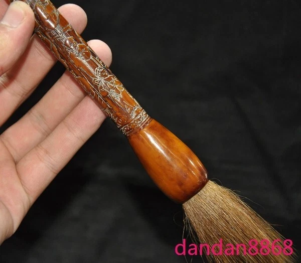 11" China Antiguo Ámbar Tallado Viejo Hombre Caligrafía Herramientas Pincel de Escritura Estatua Foto 4 de 4