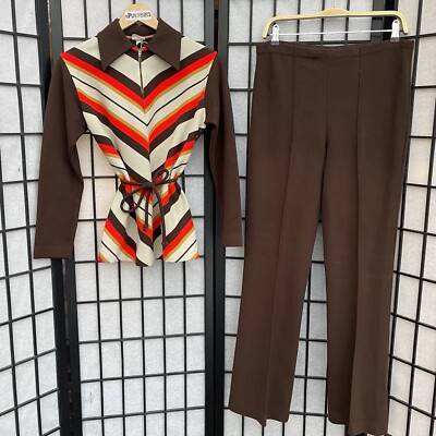 JANE COLBY Vintage 70s Brown Chevron Stripe Collar Top & Pants & Belt Set RARE