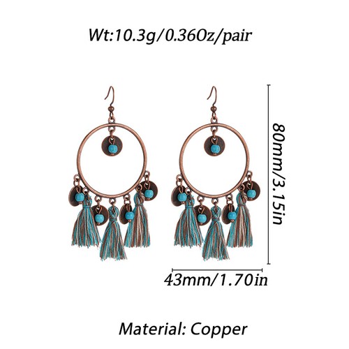 Ethnic Vintage Bronze Tassels Earrings Turquoise Geometric Dangle Women Earrings - Picture 23 of 43