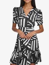 NWT $158 Karl Lagerfeld Short Sleeve Surplice Black White Dress Style LD4COD63