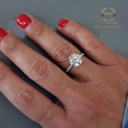 Moissanite Solitaire Engagement Ring 2.30 Carat Round Cut Solid 14K White Gold - Picture 7 of 10