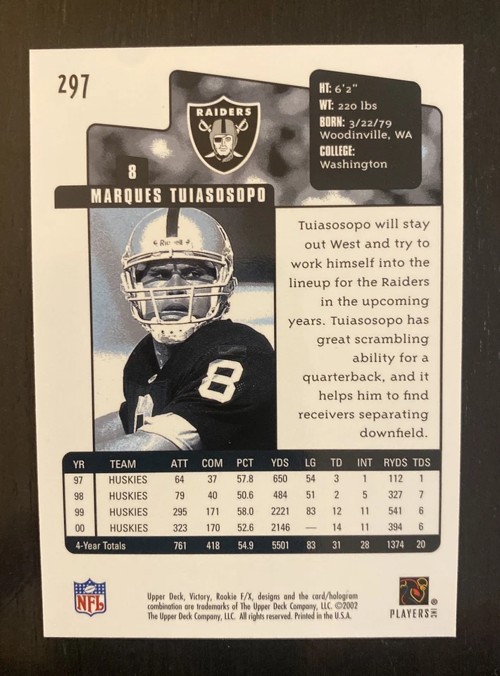 2001 Upper Deck F/X Victory Rookies /750 Marques Tuiasosopo #297 Rookie RC - Image 2 of 2