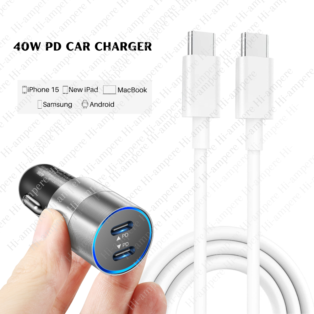 40W Dual Type C Car Charger Adapter USB C To USB C Cord For iPhone 15 16  Samsung | eBay