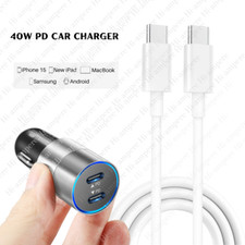 40W Dual Type C Car Charger Adapter USB C To USB C Cord For iPhone 15 16 Samsung