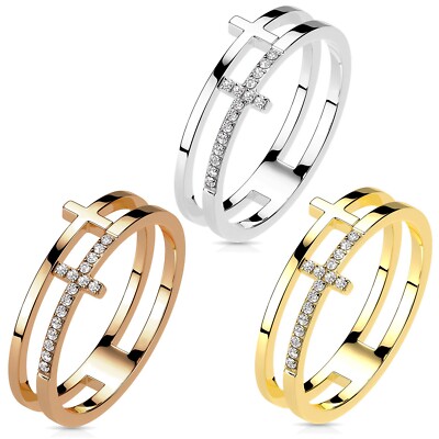 Stainless Steel Split CZ Cross Ring Choose Silver, Gold/Rose Gold Plated